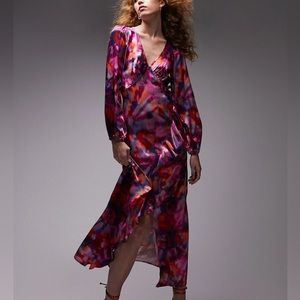 Topshop Floral Long Sleeve Satin Midi Dress